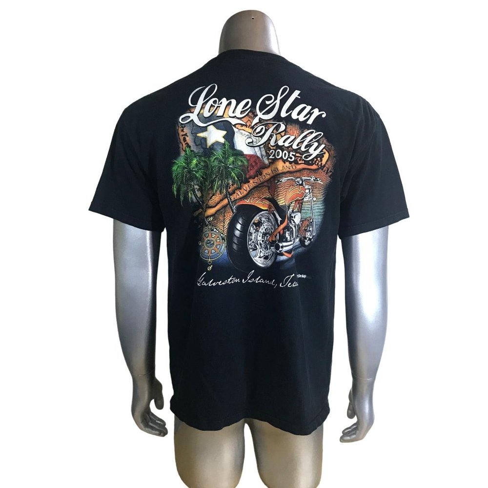Men's Large Lone Star Rally 2005 Galveston, TX Black Graphic Crew Neck T Shirt B